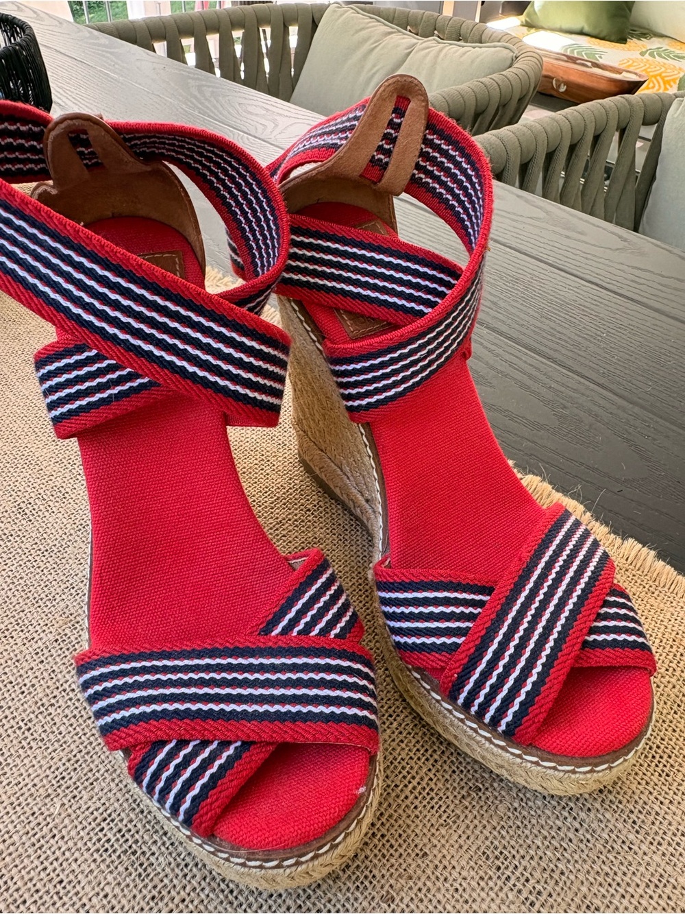 Tory Burch “ Adonis” Red Wedge Sandals with Navy & White Striped Straps